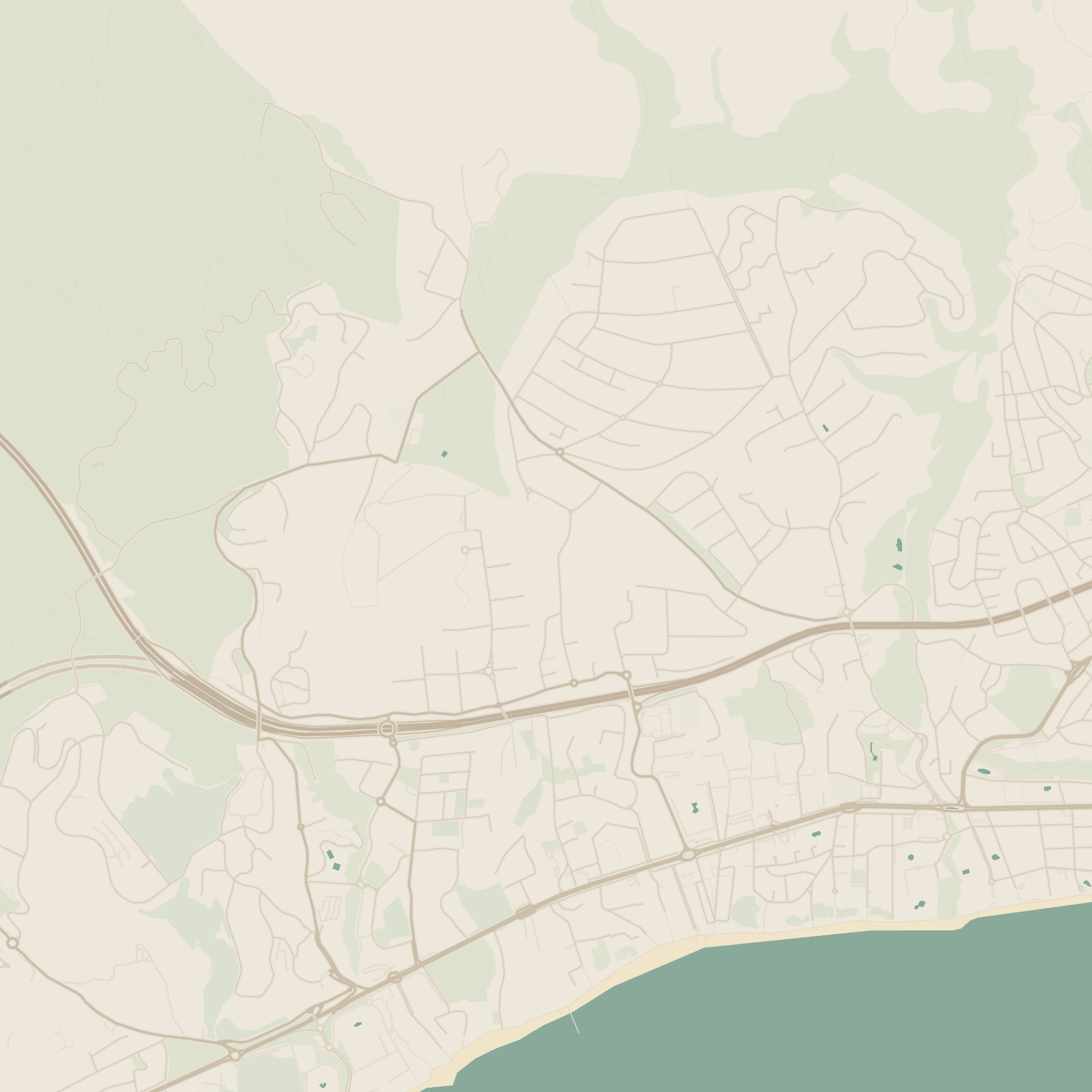 Close-up neighbourhood map of Villa Ava in Rocío de Nagüeles — the villa marked with a gold pin above the coastal motorway, with Swans International School to the northwest, Sierra Blanca to the northeast, the British International School below and the Golden Mile beachfront to the south.